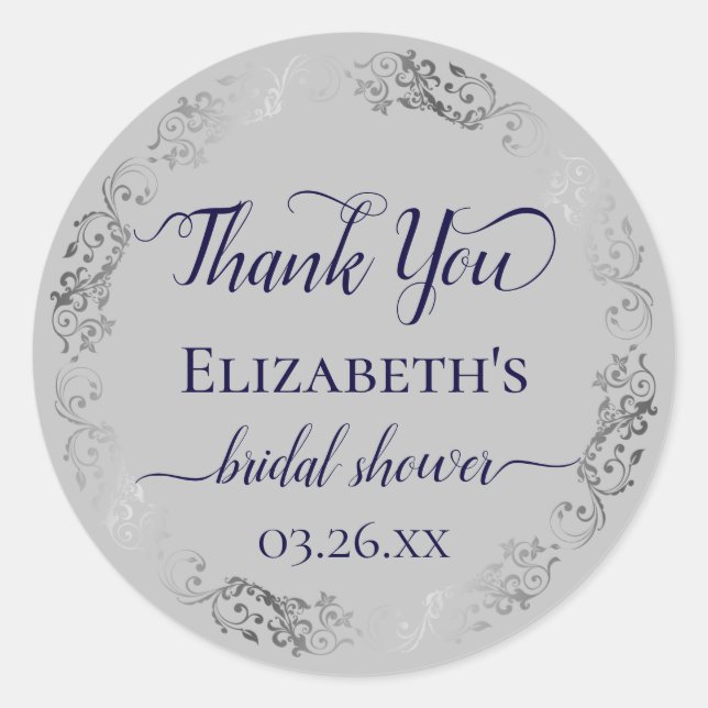 Silver Lace Navy on Gray Bridal Shower Thank You Classic Round Sticker (Front)