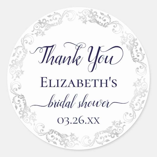 Silver Lace Navy on White Bridal Shower Thank You Classic Round Sticker (Front)