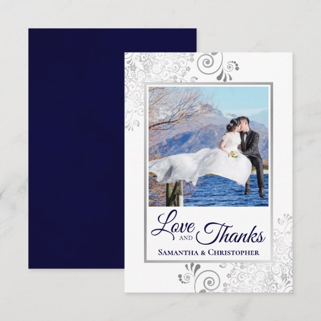 Silver Lace Navy on White Love & Thanks Wedding Thank You Card (Front/Back)