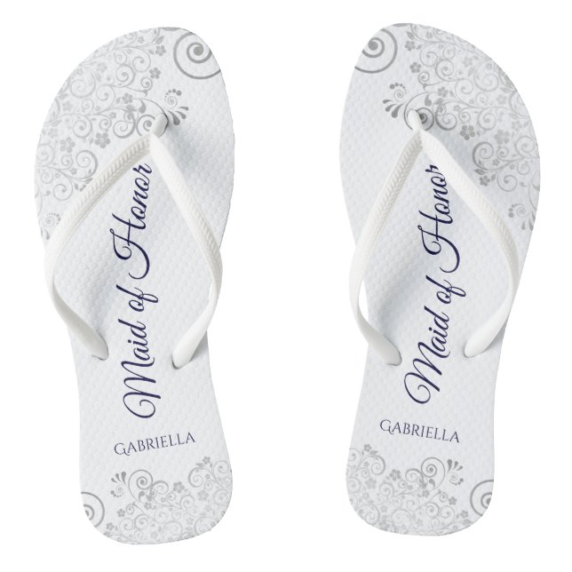 Silver Lace Navy on White Maid of Honour Wedding Flip Flops (Footbed)
