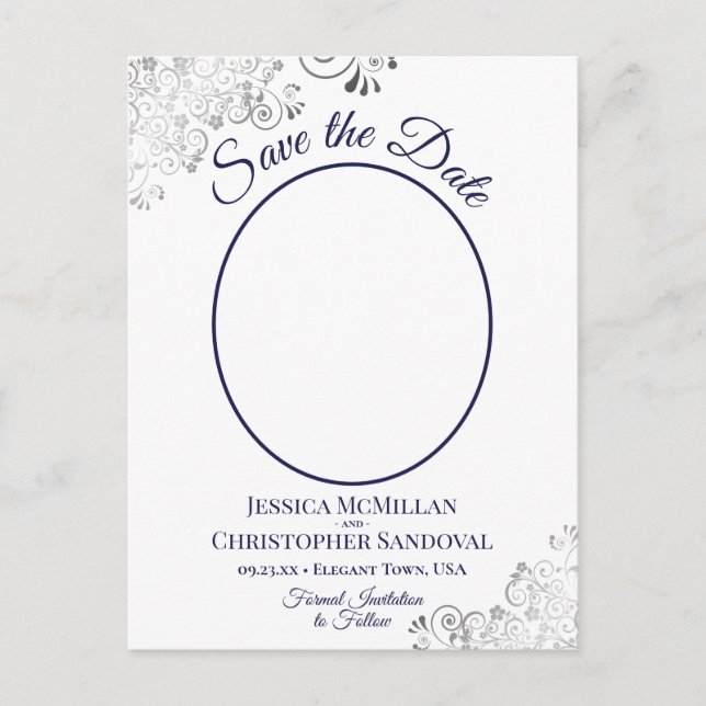 Silver Lace Navy White Wedding Save the Date Photo Announcement Postcard (Front)