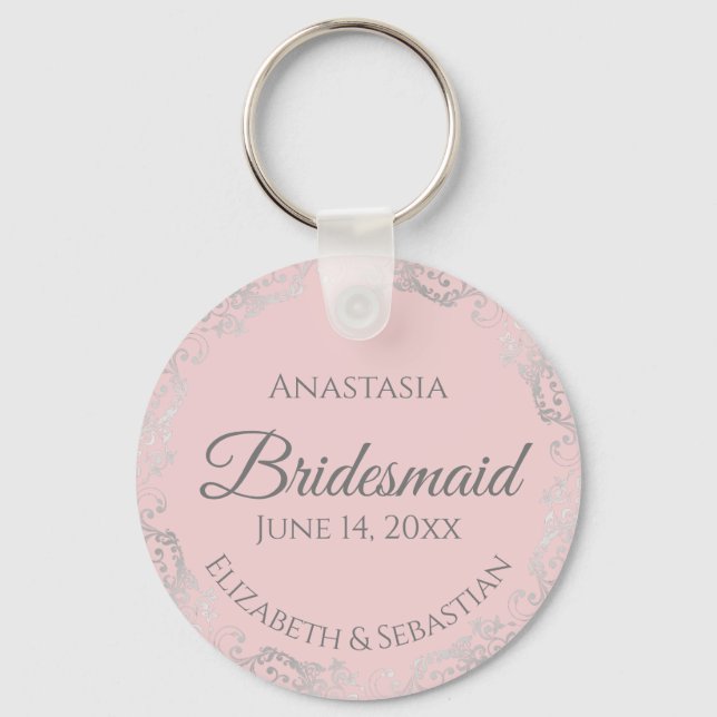 Silver Lace on Blush Pink Bridesmaid Wedding Key Ring (Front)