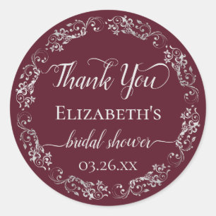 Silver Lace on Burgundy Bridal Shower Thank You Classic Round Sticker