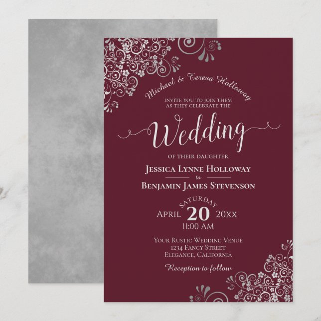 Silver Lace on Burgundy Elegant Formal Wedding Invitation (Front/Back)