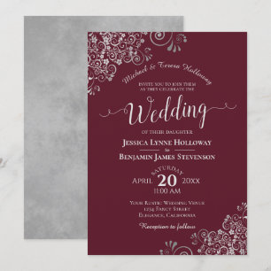 Silver Lace on Burgundy Elegant Formal Wedding Invitation