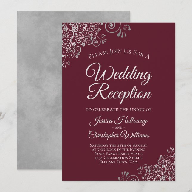 Silver Lace on Burgundy Elegant Wedding Reception Invitation (Front/Back)