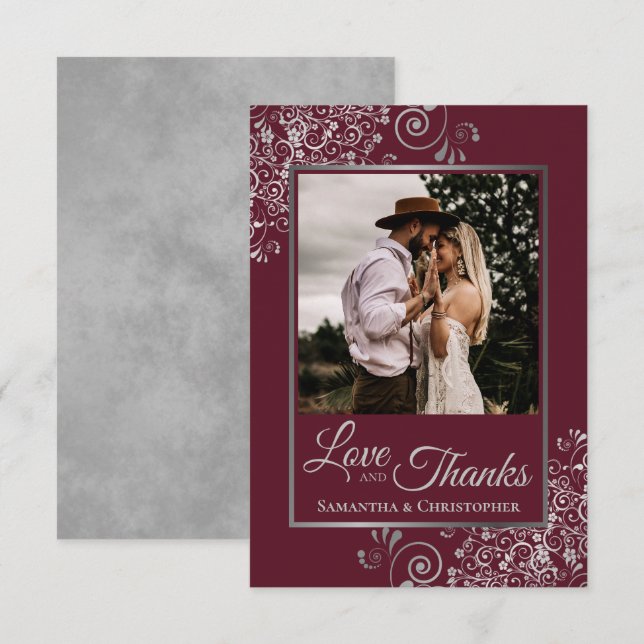 Silver Lace on Burgundy Love & Thanks Wedding Thank You Card (Front/Back)