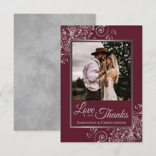 Silver Lace on Burgundy Love & Thanks Wedding Thank You Card