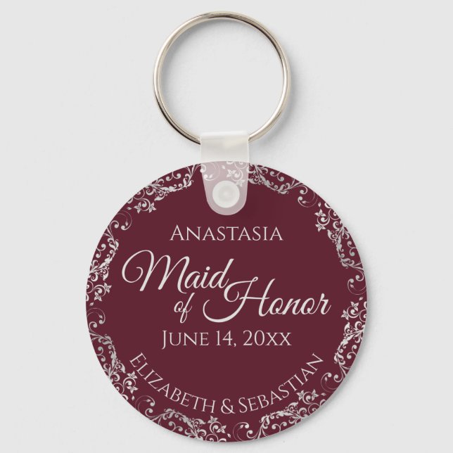 Silver Lace on Burgundy Maid of Honour Wedding Key Ring (Front)
