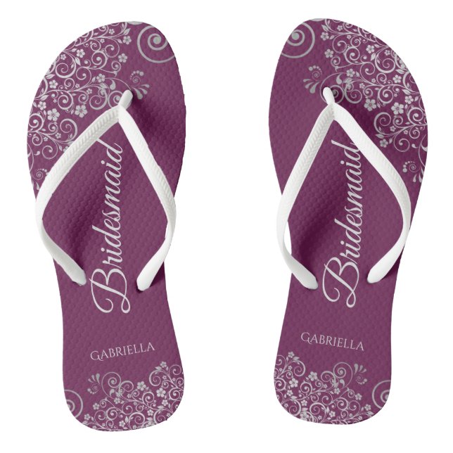 Silver Lace on Cassis Purple Bridesmaid Wedding Flip Flops (Footbed)