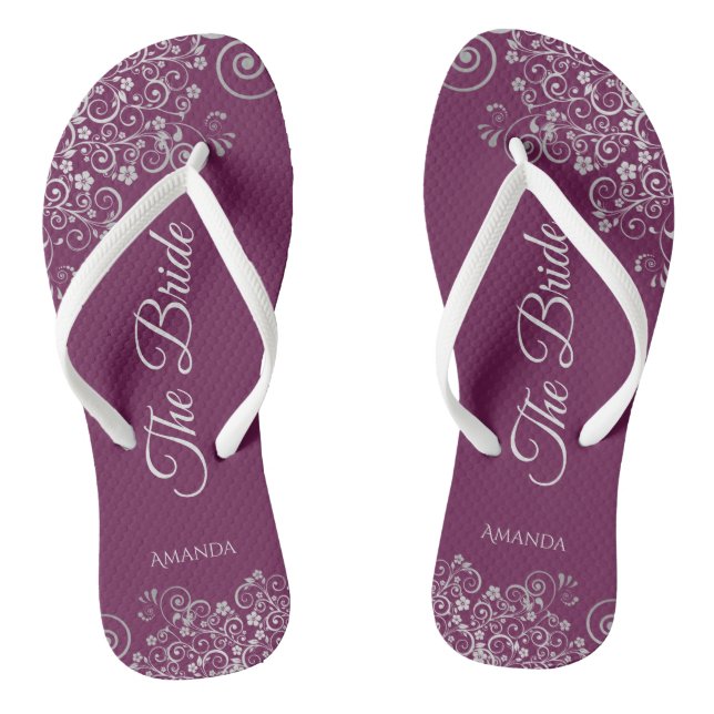 Silver Lace on Cassis Purple The Bride Wedding Flip Flops (Footbed)