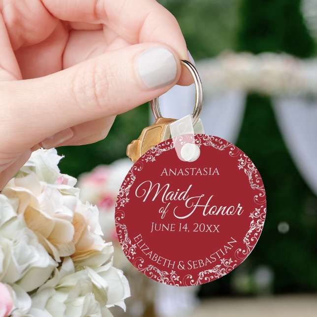 Silver Lace on Crimson Red Maid of Honor Wedding Key Ring (Creator Uploaded)