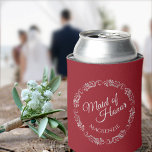 Silver Lace on Crimson Red Maid of Honour Wedding Can Cooler<br><div class="desc">These fun wedding can coolers feature an elegant design with elegant script text reading Maid of Honour and her name surrounded by lacy faux foil silver filigree or curls and swirls. Perfect way to thank her for being part of your bridal party.</div>
