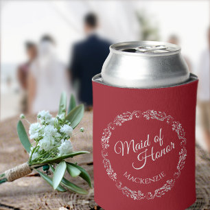 Silver Lace on Crimson Red Maid of Honour Wedding Can Cooler