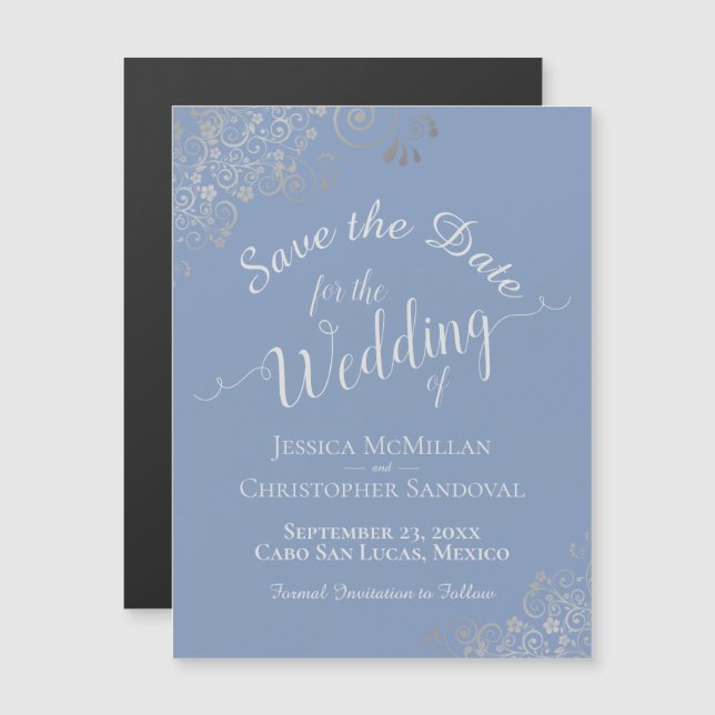 Silver Lace on Dusty Blue Save the Date Magnet (Front/Back)