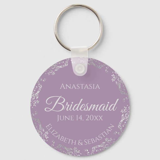 Silver Lace on Lavender Bridesmaid Wedding Key Ring (Front)