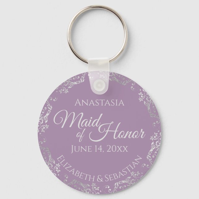 Silver Lace on Lavender Maid of Honour Wedding Key Ring (Front)