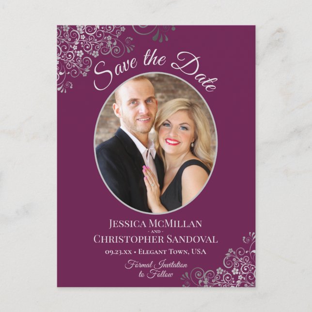 Silver Lace on Magenta Wedding Save the Date Photo Announcement Postcard (Front)
