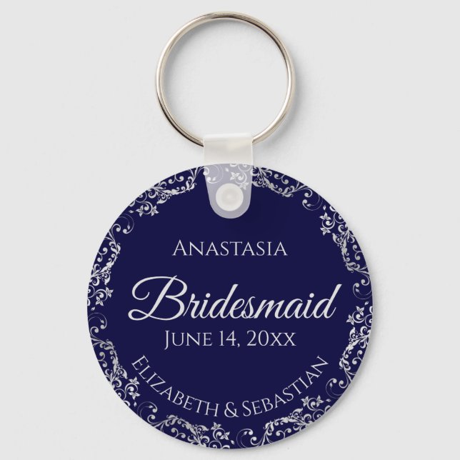 Silver Lace on Navy Blue Bridesmaid Wedding Key Ring (Front)