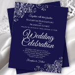 Silver Lace on Navy Blue BUDGET Wedding Invitation<br><div class="desc">These affordable, budget friendly wedding invitations are the perfect choice for class, style, and beauty on a budget. The design features a navy blue background with ornate silver gray curls and swirls in the corners. The typography includes fancy script lettering for a style that is at once simple and elegant....</div>