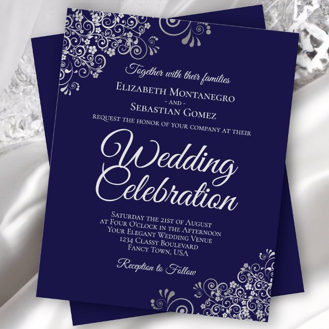Silver Lace on Navy Blue BUDGET Wedding Invitation (Creator Uploaded)