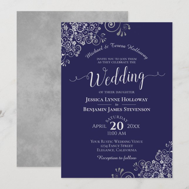Silver Lace on Navy Blue Elegant Formal Wedding Invitation (Front/Back)