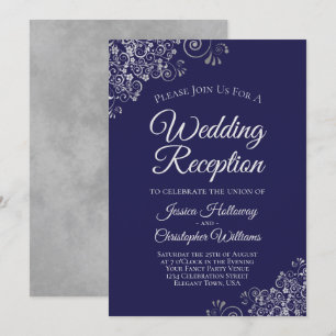 Silver Lace on Navy Blue Elegant Wedding Reception Invitation