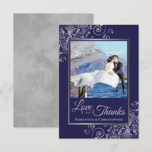 Silver Lace on Navy Blue Love & Thanks Wedding Thank You Card