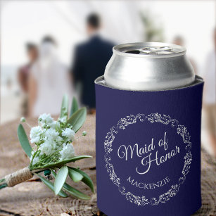 Silver Lace on Navy Blue Maid of Honour Wedding Can Cooler