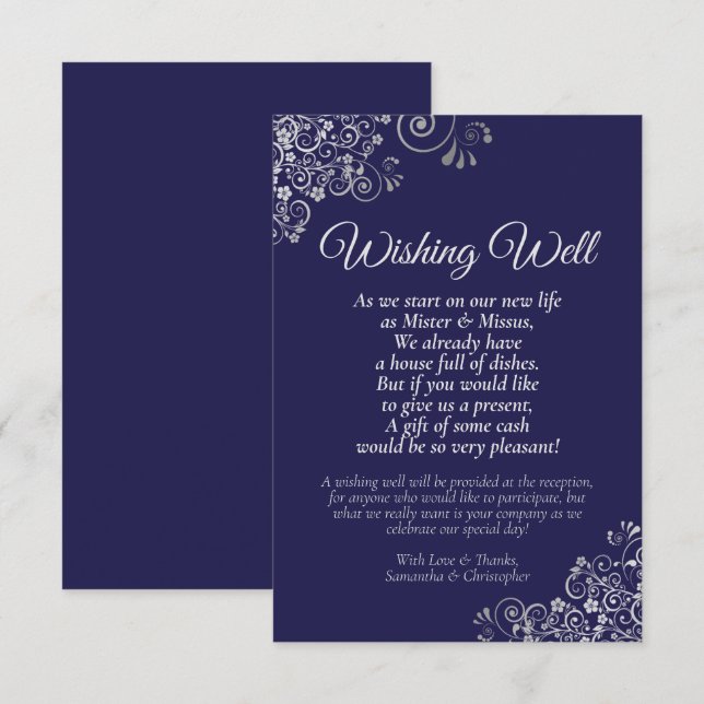 Silver Lace on Navy Blue Wedding Wishing Well Poem Enclosure Card (Front/Back)