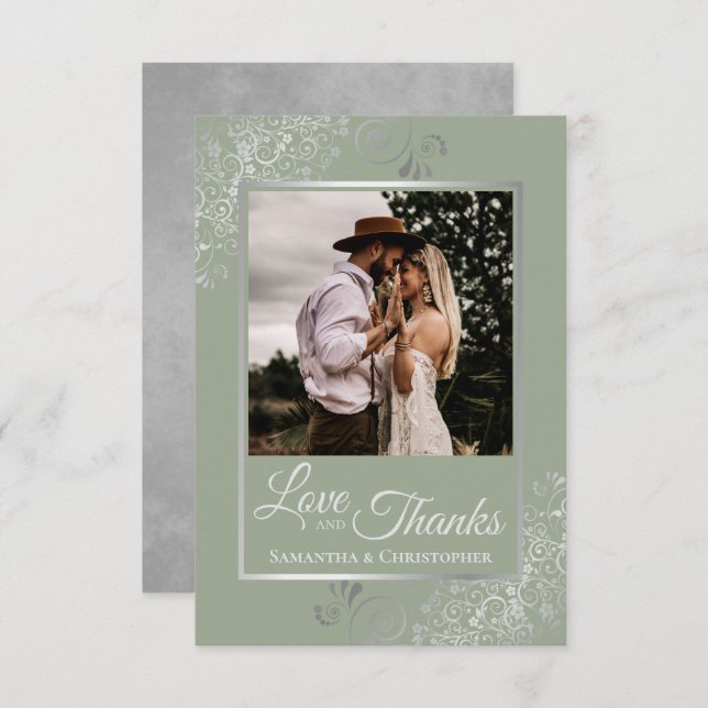 Silver Lace on Sage Green Love & Thanks Wedding Thank You Card (Front/Back)