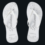 Silver Lace on White Elegant Bridesmaid Wedding Flip Flops<br><div class="desc">These elegant wedding flip flops are a great way to thank and recognise your bridesmaids, while giving their feet a rest after a long day. The beautiful design features an elegant design with silver grey lace frills on a white background and fancy grey script lettering. The text reads Bridesmaid with...</div>