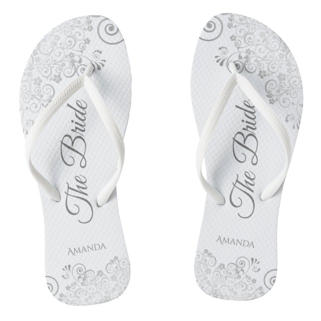 Silver Lace on White Elegant The Bride Wedding Flip Flops (Footbed)