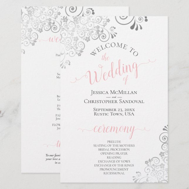 Silver Lace Pink on White Budget Wedding Program (Front/Back)
