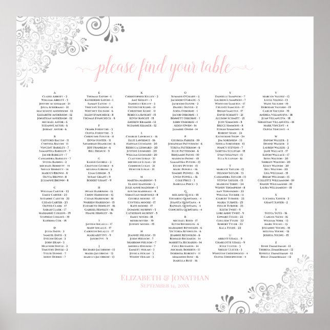 Silver Lace Pink Script Alphabetical Seating Chart (Front)