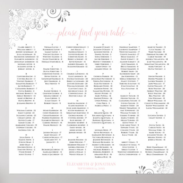 Silver Lace Pink Script Alphabetical Seating Chart (Front)