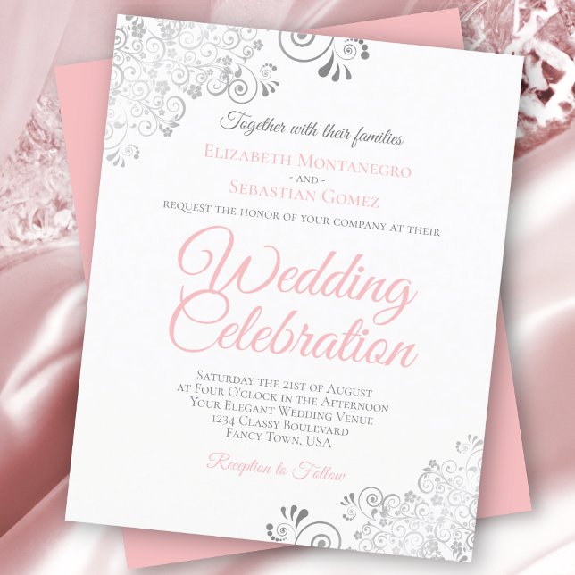 Silver Lace Pink & White BUDGET Wedding Invitation (Creator Uploaded)