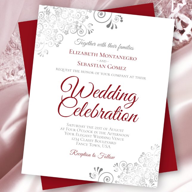 Silver Lace Red on White Budget Wedding Invitation (Creator Uploaded)