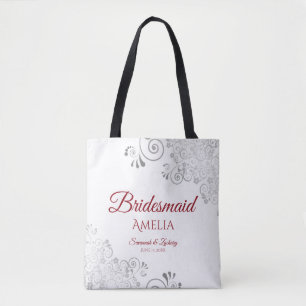 Silver Lace Red & White Bridesmaid Wedding Tote Bag
