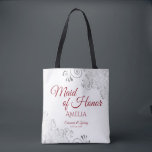 Silver Lace Red & White Maid of Honour Wedding Tote Bag<br><div class="desc">This beautiful tote bag is designed as a gift, favour, or swag bag for your wedding Maid of Honour. The simple yet elegant design features ornate silver grey lace frills in the corners with fancy script lettering. There is space for her name, as well as the names of the couple...</div>