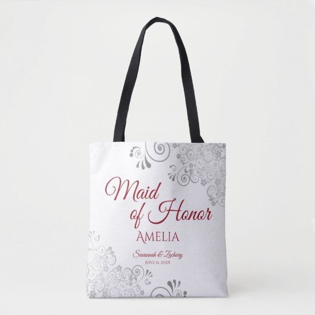 Silver Lace Red & White Maid of Honour Wedding Tote Bag (Front)