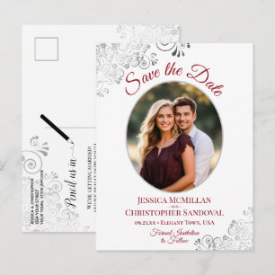 Silver Lace Red White Wedding Save the Date Photo Announcement Postcard