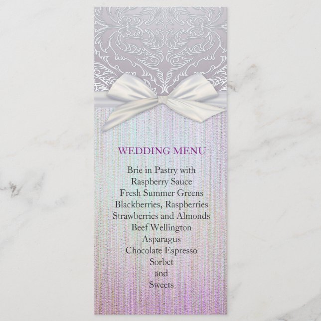 Silver Lace Ribbon Lavender Pastel Wedding Menu (Front)