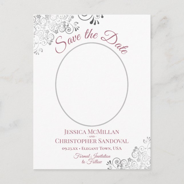 Silver Lace Rose White Wedding Save the Date Photo Announcement Postcard (Front)