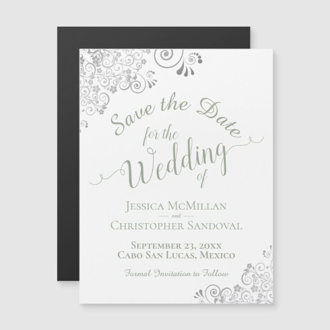 Silver Lace Sage Green Save the Date White Magnet (Front/Back)