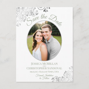 Silver Lace Sage White Wedding Save the Date Photo Announcement Postcard