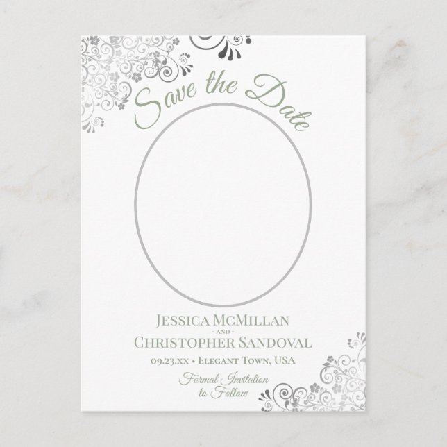 Silver Lace Sage White Wedding Save the Date Photo Announcement Postcard (Front)