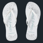 Silver Lace & Teal Chic Maid of Honour Wedding Flip Flops<br><div class="desc">These beautiful wedding flip flops are a great way to thank and recognise your Maid of Honour while saving her feet at the same time. Features an elegant design with silver grey lace on a white background and fancy turquoise or teal coloured script lettering. The test reads Maid of Honour...</div>