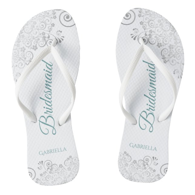 Silver Lace Teal Elegant White Bridesmaid Wedding Flip Flops (Footbed)