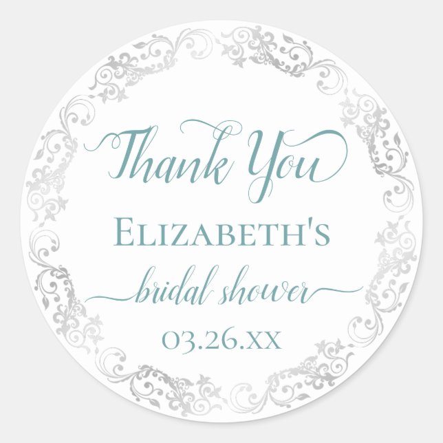 Silver Lace Teal on White Bridal Shower Thank You Classic Round Sticker (Front)